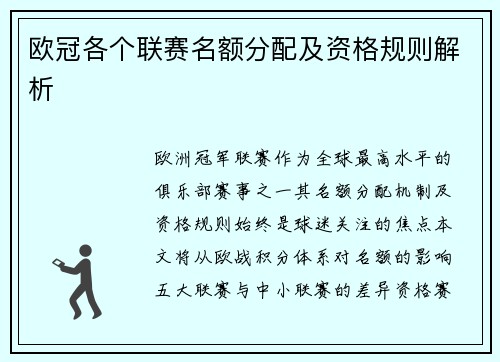 欧冠各个联赛名额分配及资格规则解析