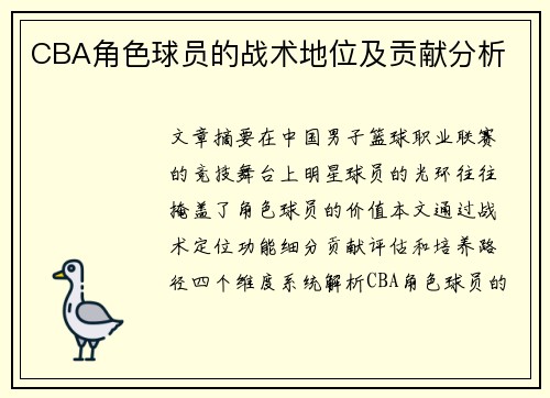 CBA角色球员的战术地位及贡献分析