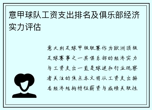 意甲球队工资支出排名及俱乐部经济实力评估